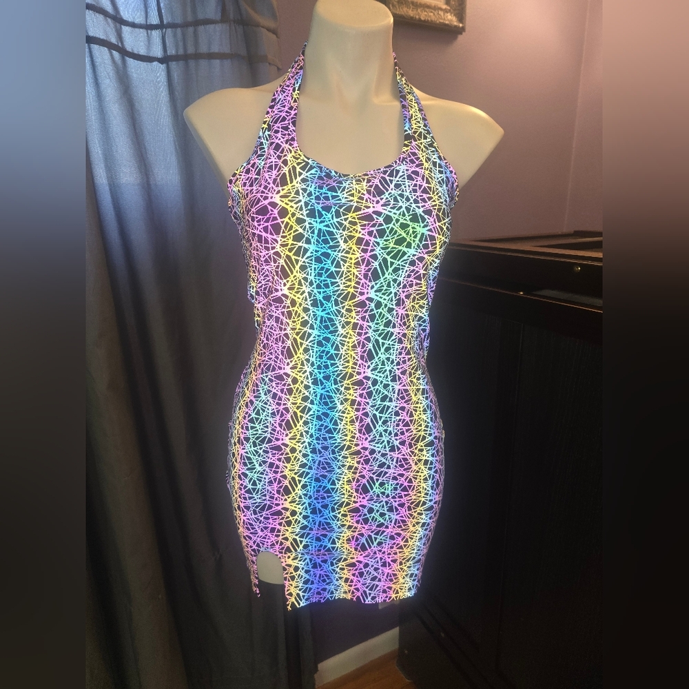 NWOT Reflective Colorful Halter Dress